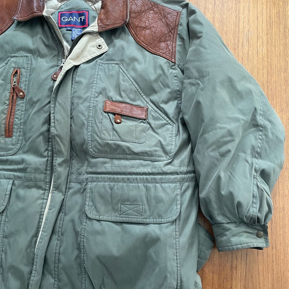 Men’s XL Olive Green Puffer Jacket Genuine Leather Collar Gant Jacket - Picture 2 of 10